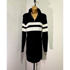 Vtg 80s Varsity Stripe Ribbed 1/4 Zip Bodycon Sweater Dress Womens M Black White